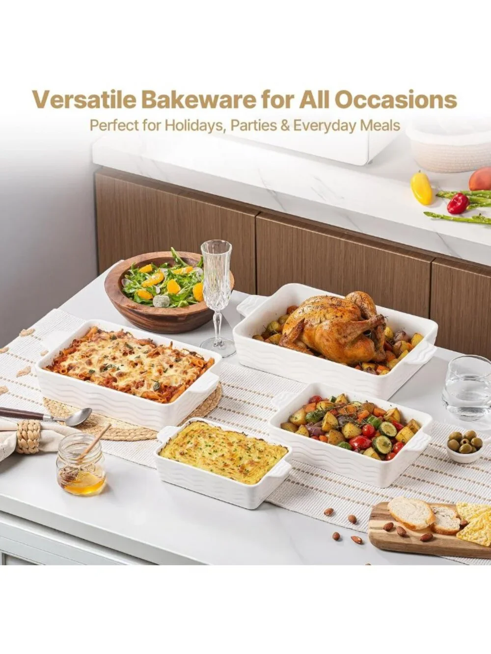 Ceramic Casserole Baking Dishes Set of 4 - Oven Safe, Rectangular, White